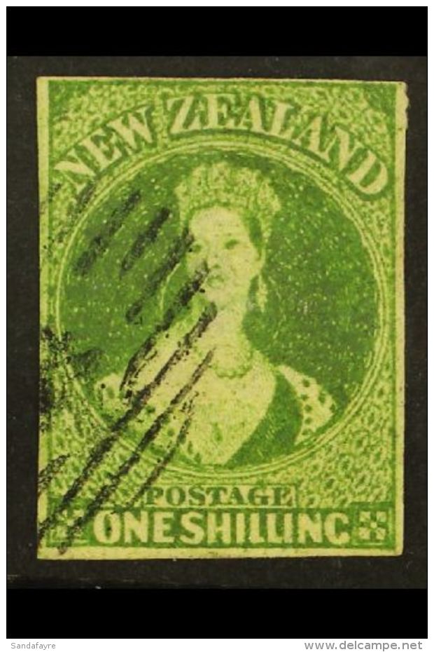 1862-64 1s Yellow Green Chalon, SG 45, Four Clear To Good Margins, Neat Barred Numeral Cancel Leaving Much Of The... - Other & Unclassified