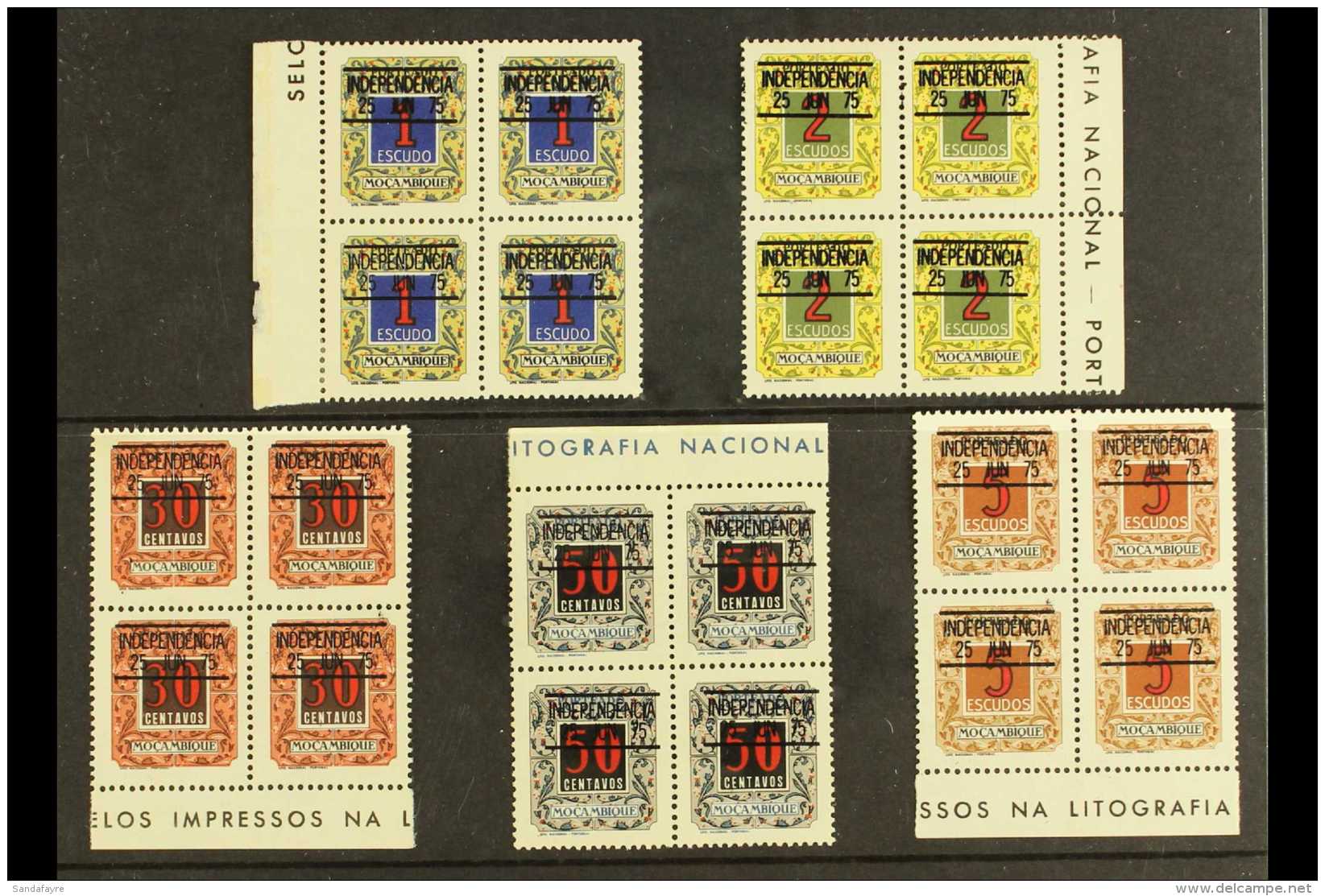 POSTAGE DUES 1975 (25 June) Independence Overprints Complete Set (Mi 56/60) In Marginal BLOCKS OF FOUR, Never... - Mozambique