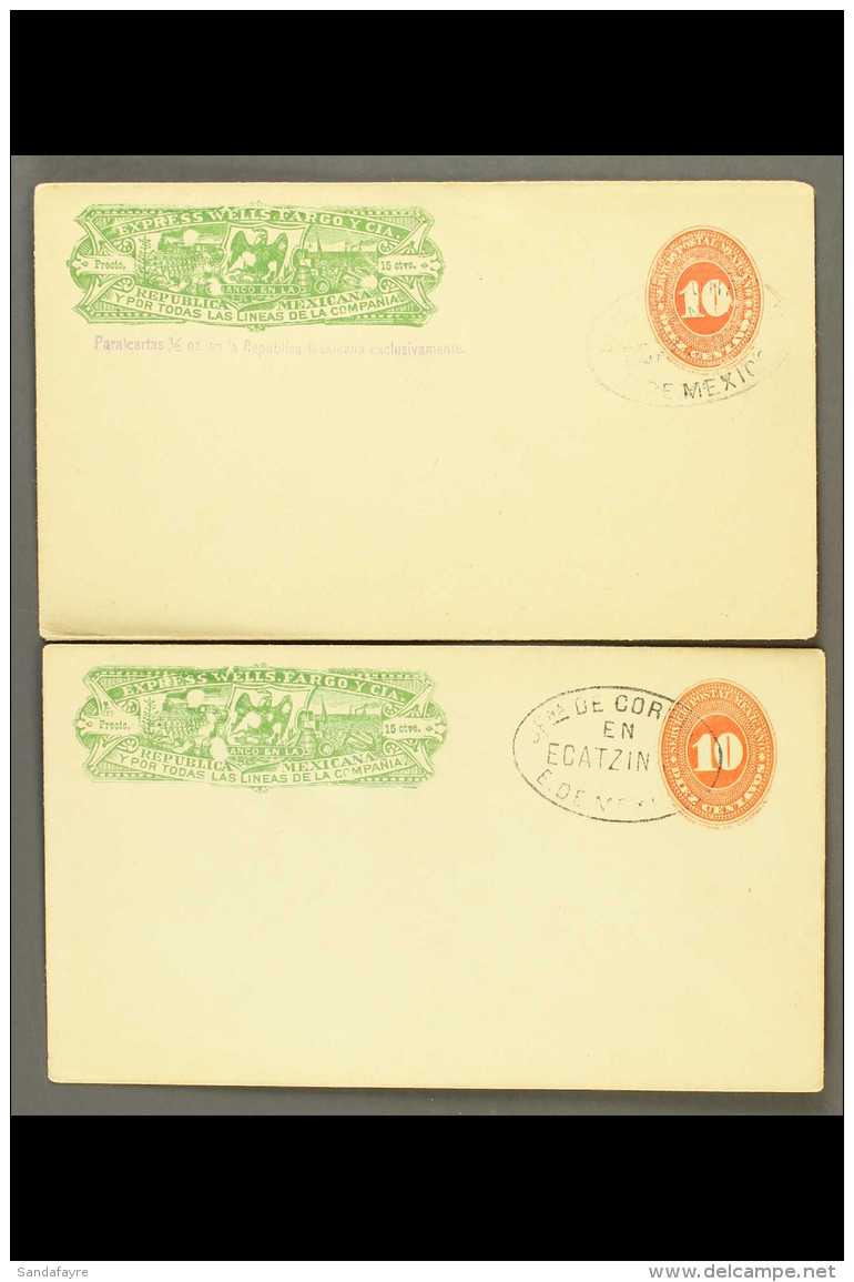WELLS FARGO 1887 Pair Of Attractive 10c Red Postal Stationery Envelopes Uprated With 15c Green Wells Fargo Frank,... - Mexico