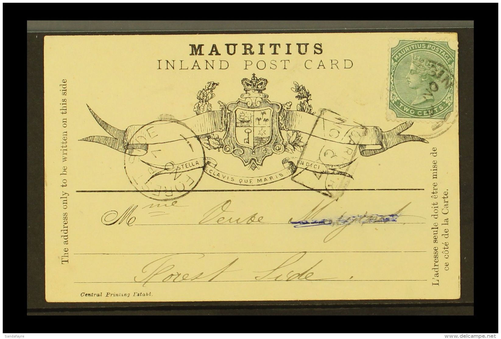 1899 (7 Nov) Formular Card With QV 2c Green Adhesive Tied By Beau Bassin Cds; Alongside "envelope" Carrier Cachet... - Maurice (...-1967)