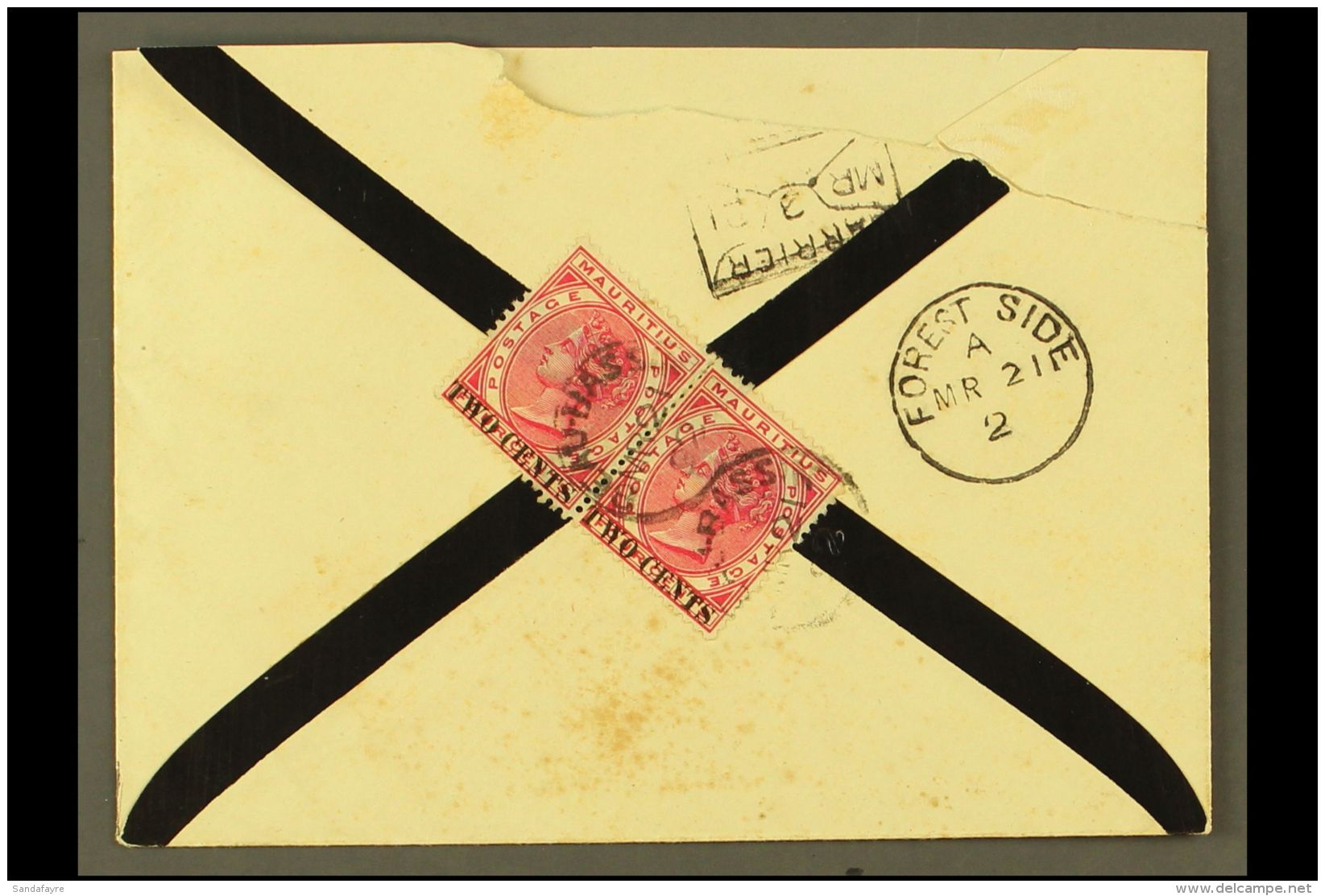 1892 (Mar 21) Mourning Envelope To Forest Side Bearing (on Reverse) 2c On 4c (SG 118) Pair, Tied By Beau Bassin... - Mauritius (...-1967)