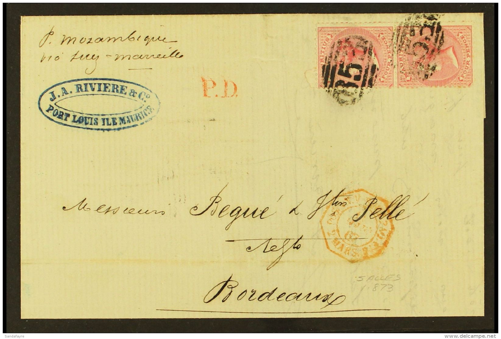 1867 Cover To Bordeaux Bearing 4d Rose (SG 62) Vertical Pair Tied By "B53" Cancels, Alongside Red "POS AN.V. SUEZ... - Mauritius (...-1967)