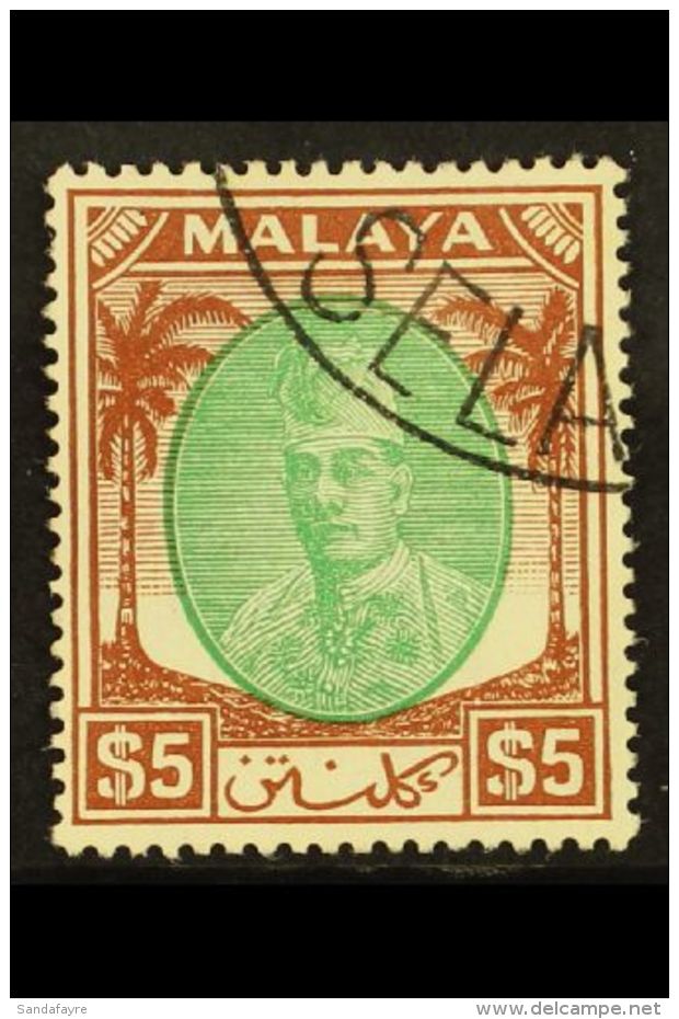 KELANTAN 1951 $5 Green And Brown Sultan Ibrahim, SG 81, Very Fine Used. For More Images, Please Visit... - Andere & Zonder Classificatie