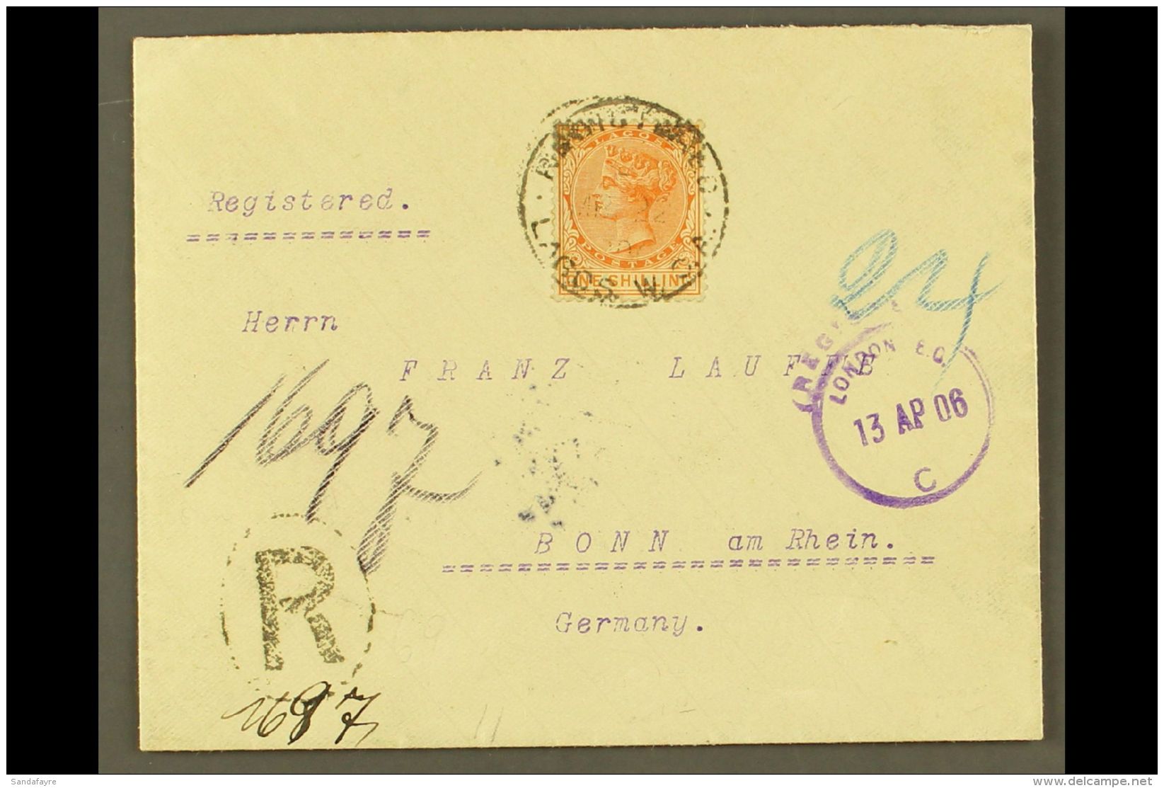 1885 1s Orange, SG 26, On Neat Envelope Registered To Germany, Tied 1906 REGISTERED/LAGOS Cds, London Transit And... - Nigeria (...-1960)