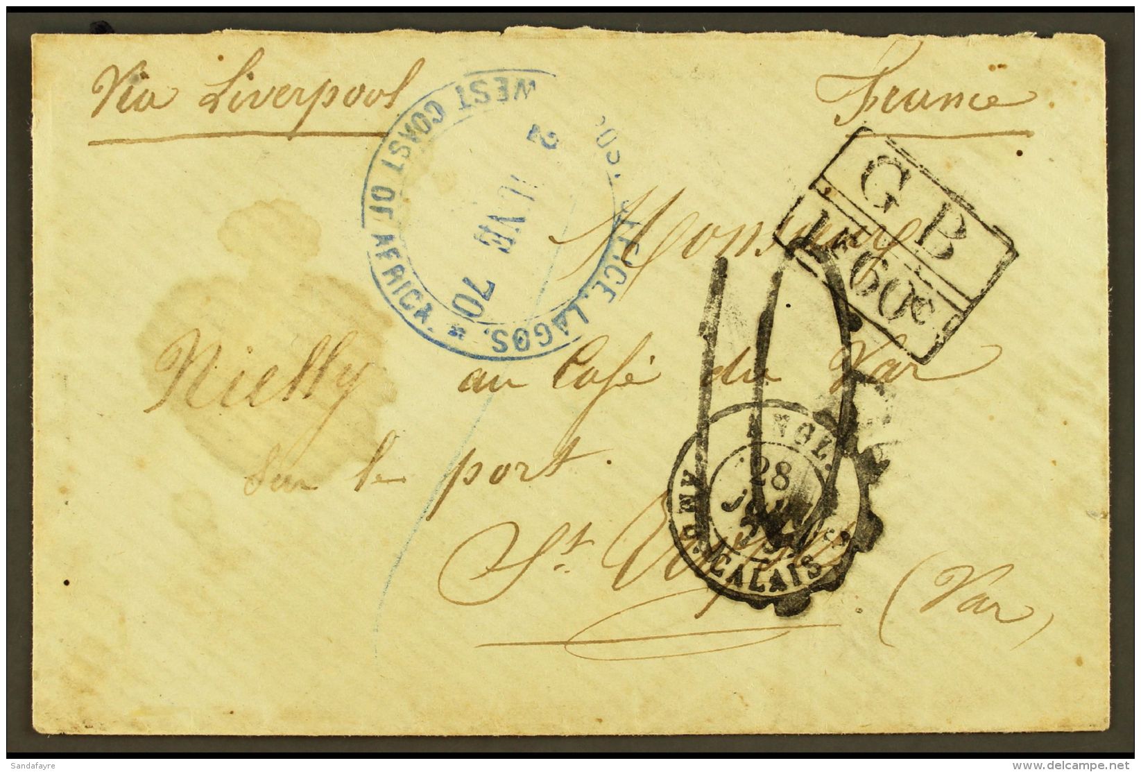 1870 (June) Envelope To St Tropez, France, Showing Very Good Blue "POST OFFICE LAGOS/WEST COAST OF AFRICA" Type 3... - Nigeria (...-1960)