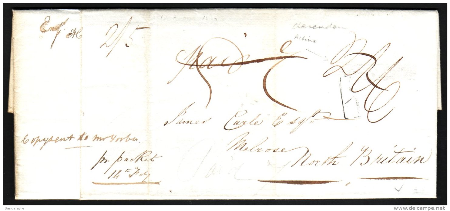 1837 RARE "CLARENDON" ALBINO CANCEL (Feb) Entire Letter To Scotland, Showing A Clear Impression Of The Clarendon... - Giamaica (...-1961)