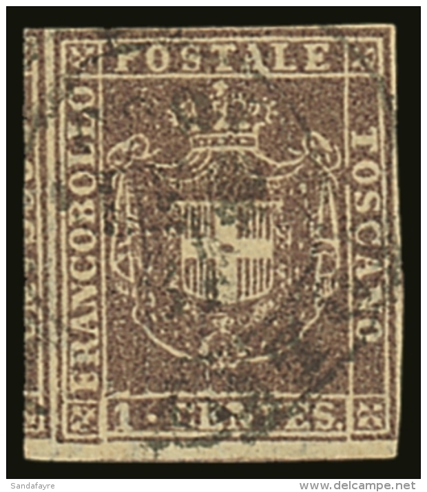 TUSCANY 1860 1c Brown Lilac, Sass 17b, Very Fine Used With Four Clear Margins, Showing Portion Of Adjoining Stamp... - Non Classés