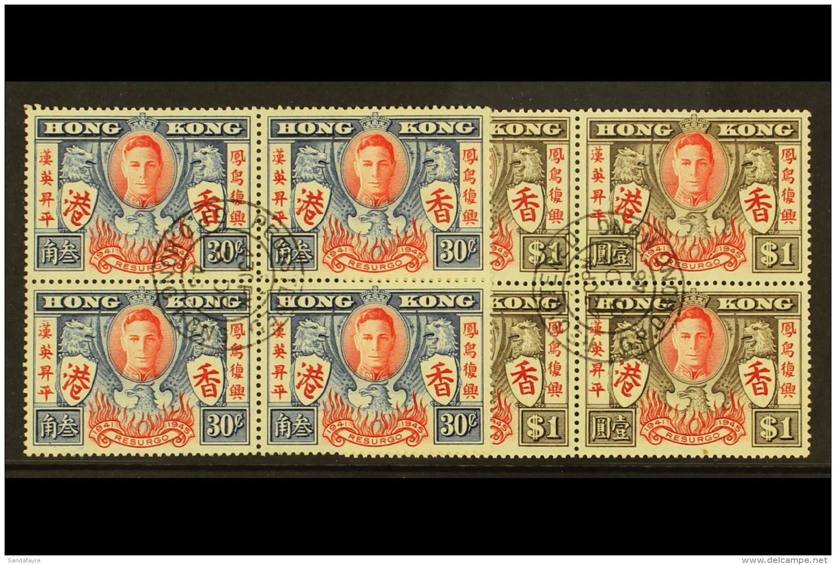 1946 30c And $1 Victory Pair, Variety "Extra Stroke", SG 169a/170a, With 3 Normals In Superb Used Blocks Of 4. (8... - Andere & Zonder Classificatie