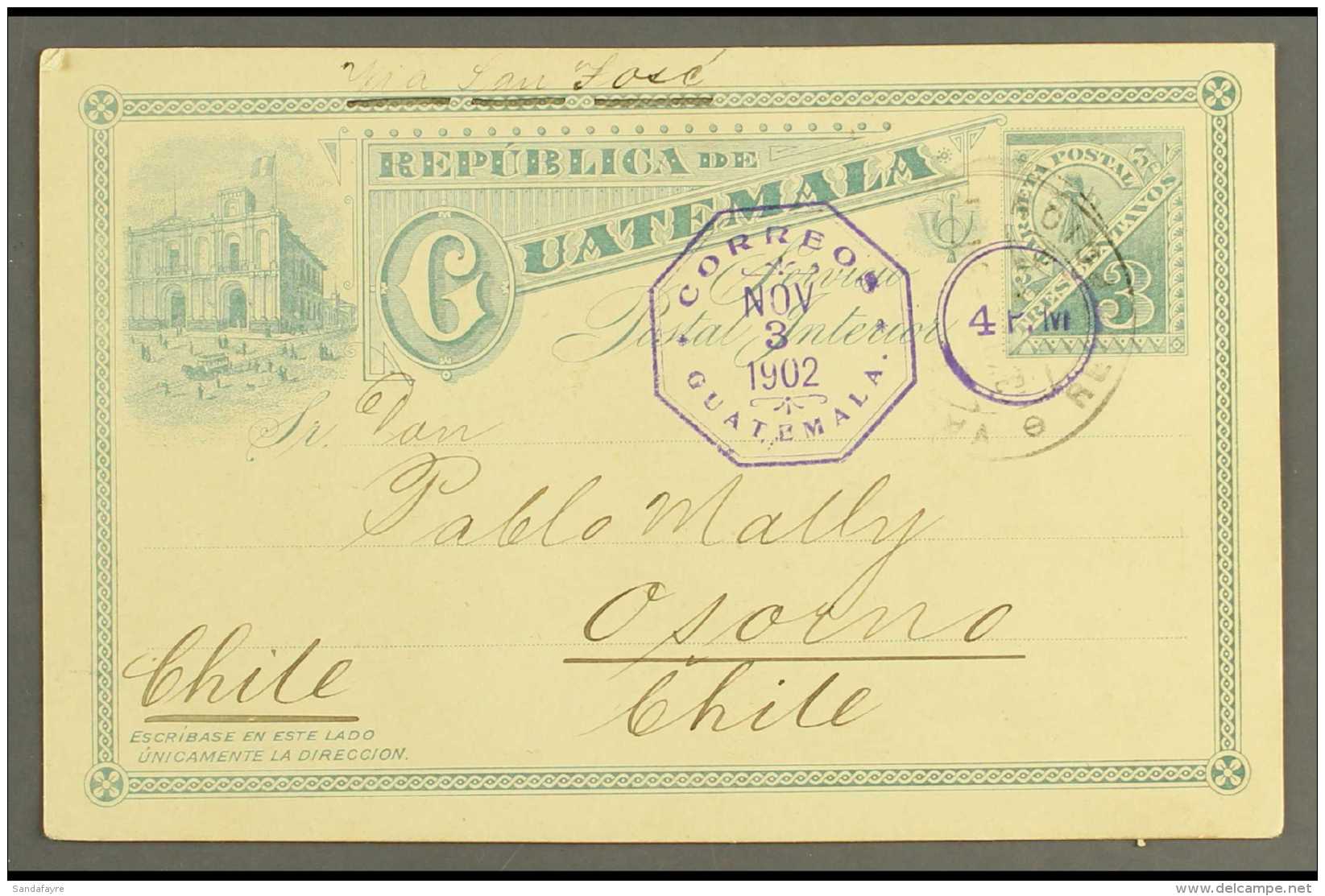 1902 (3 Nov) 3c Bluish-green Postal Stationery Card Commercially Used From Guatemala City To Chile Showing A Fine... - Guatemala