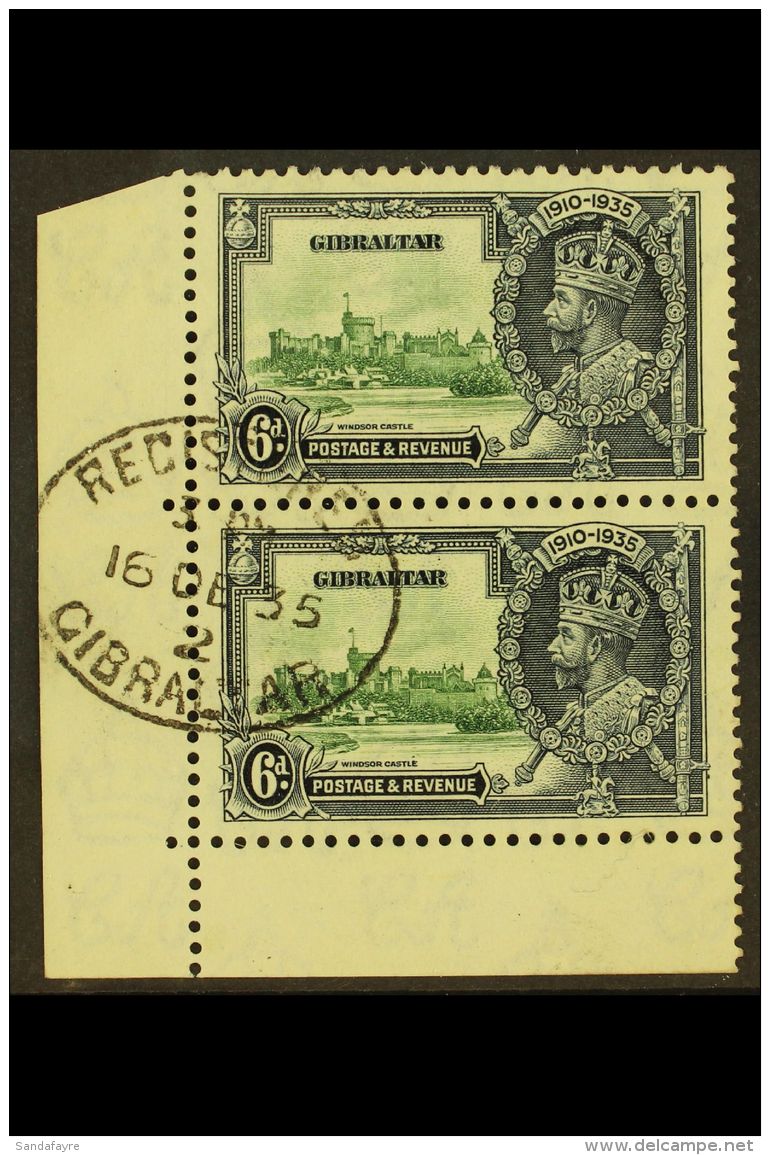 1935 6d Green And Indigo, Silver Jubilee, Variety "Extra Flagstaff", SG 116a In Marginal Corner Pair With Normal,... - Gibraltar