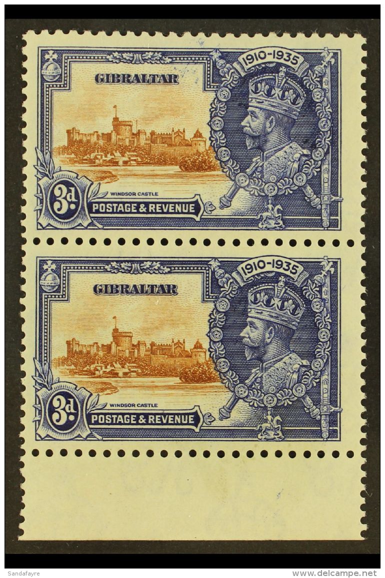 1935 3d Brown And Deep Blue Silver Jubilee, Variety "Extra Flagstaff", SG 115a, In Marginal Pair With Normal,... - Gibraltar