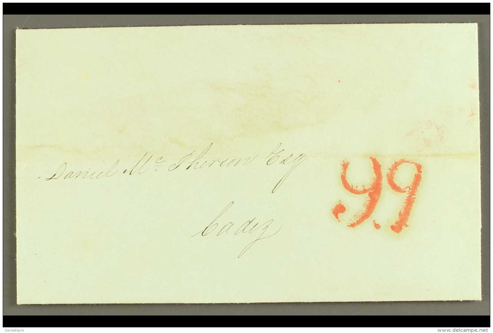 1840 (1st July) Pre-stamp Entire From Gibraltar To Cadiz With Lovely "9q" (9 Quartos) Port Payment Stamp (applied... - Gibilterra