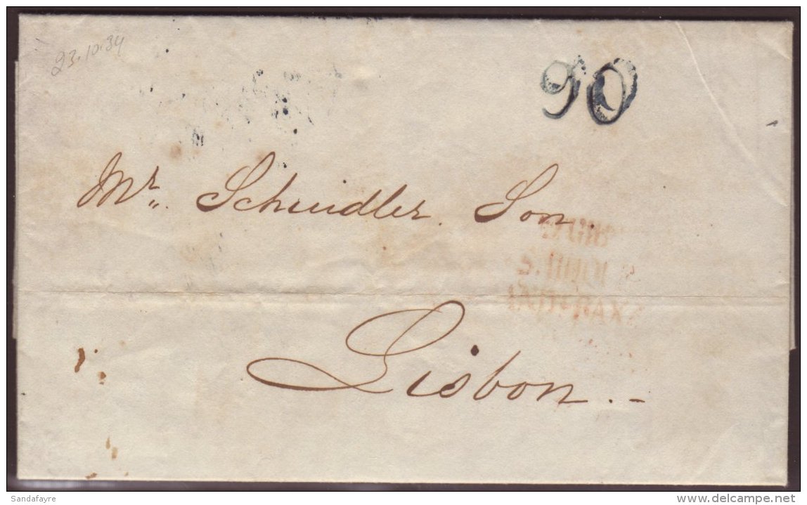 1834 (Oct) Entire Letter From Gibraltar To Lisbon, Showing Three Line "DE GIBR./S. ROQUE/ANDA. BAXA" In Red, And... - Gibraltar