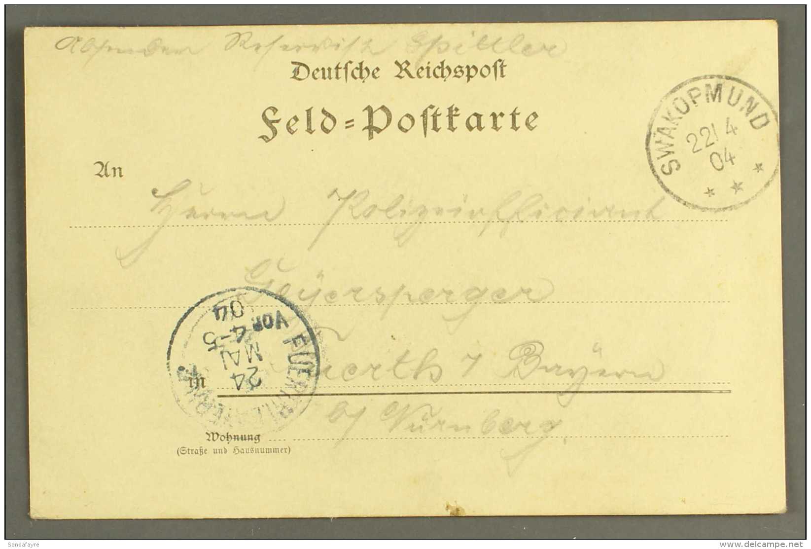 SOUTH WEST AFRICA 1904 (22 Apr) Stampless Feldpost Card To Germany Showing A Fine "SWAKOPMUND" Cds Postmark With... - Andere & Zonder Classificatie