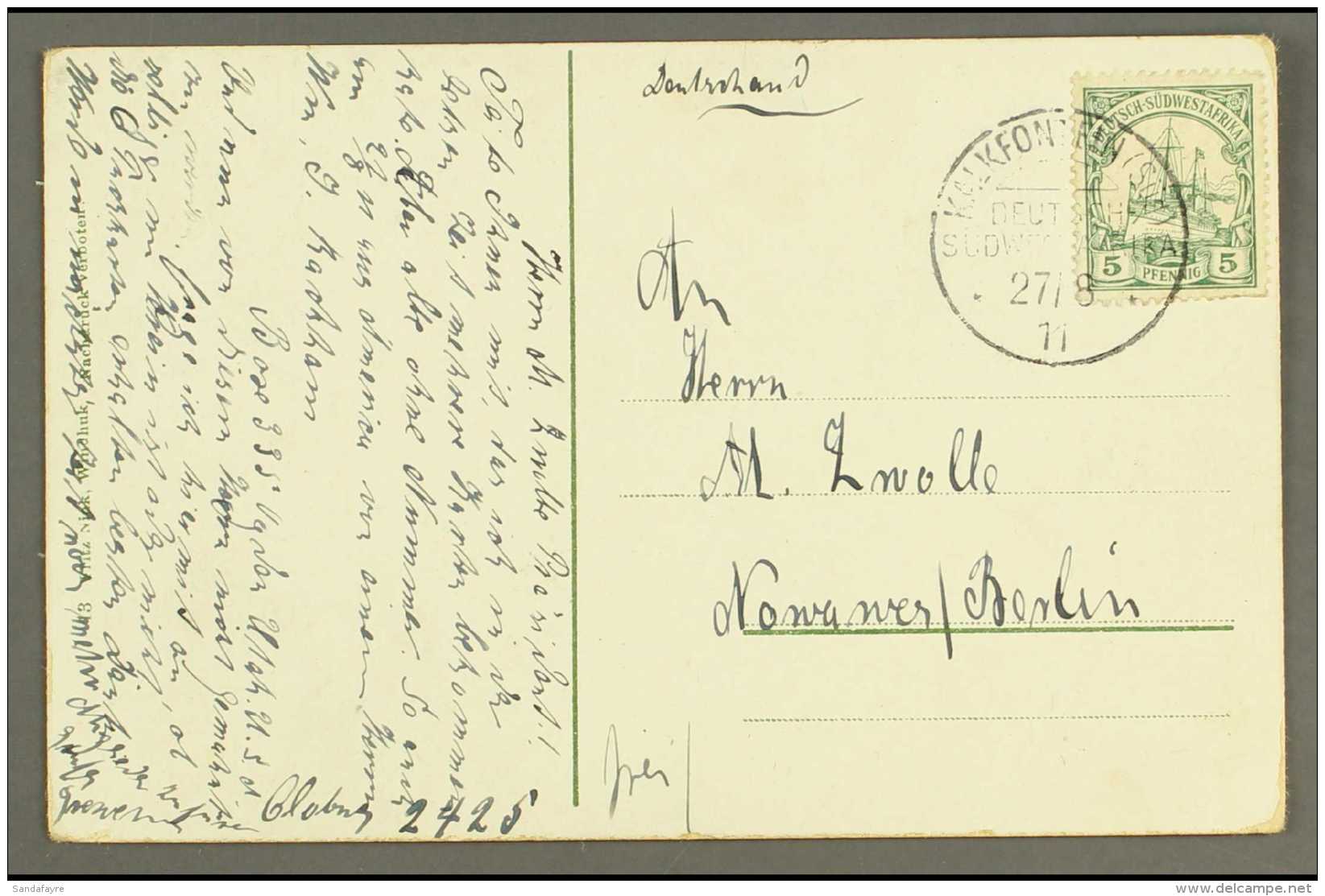 SOUTH WEST AFRICA 1911 (27 Aug) Colour Ppc To Berlin Bearing 5pf Yacht Tied By Fine "KALKFONTEIN" Cds Cancel With... - Andere & Zonder Classificatie