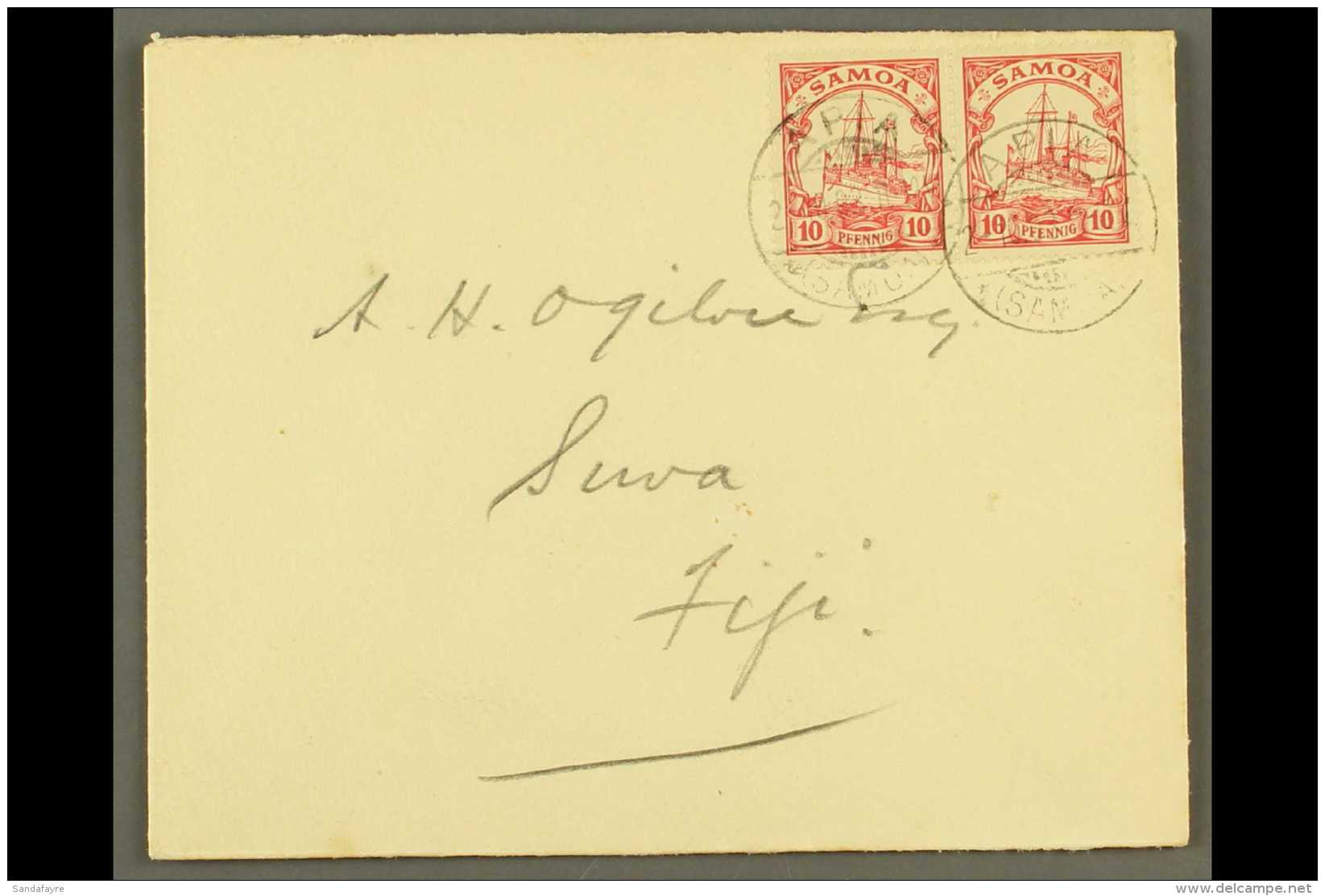 SAMOA 1903 (2 Oct) Pretty Env To Fiji Bearing A Pair Of 10pf Carmine "Yacht" Stamps Tied By APIA Cds's, Suva... - Andere & Zonder Classificatie