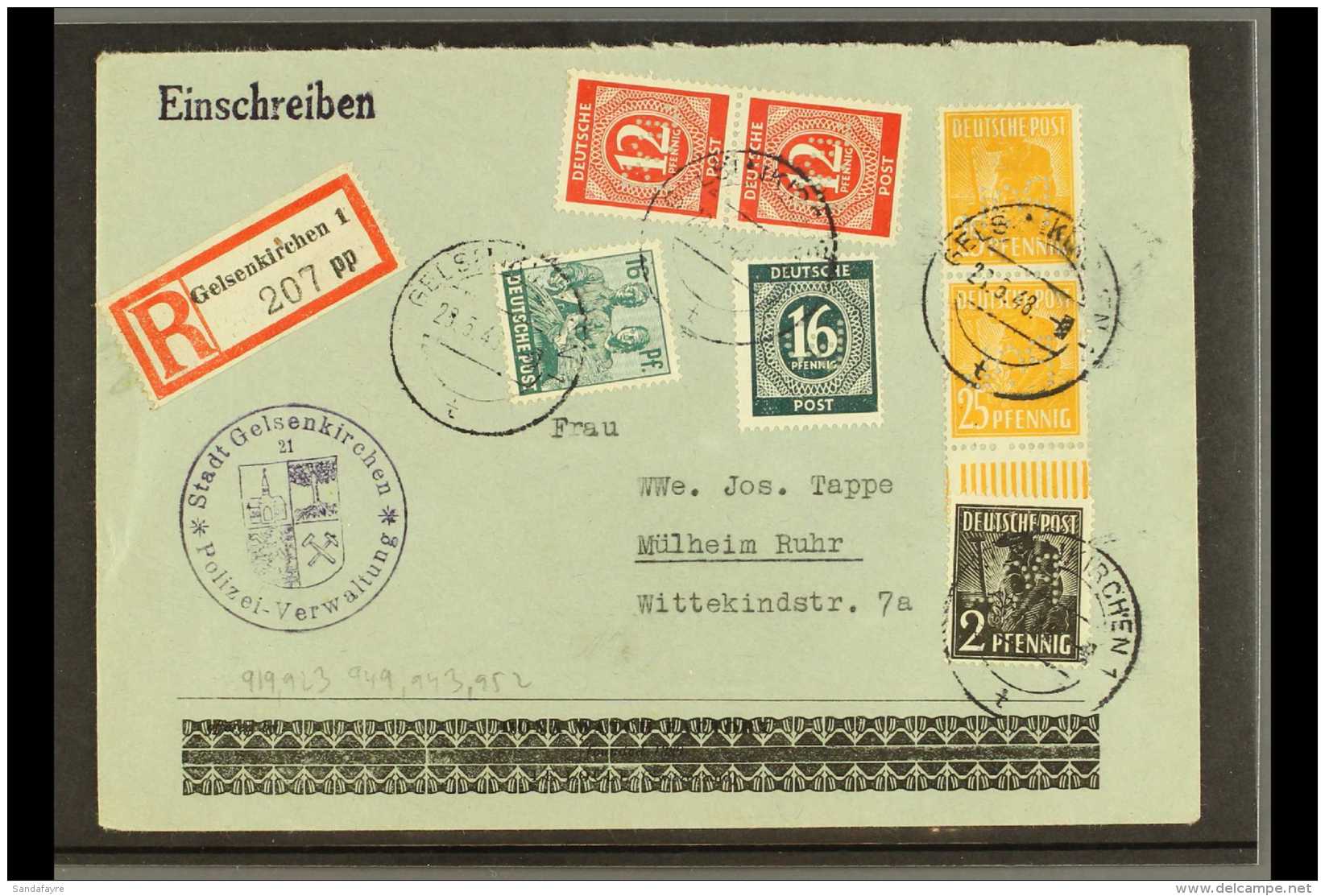 AMERICAN &amp; BRITISH ZONE "POL" PERFIN FRANKING 1948 (28 May) Registered Cover Bearing 2pf, 12pf Pair, 16pf (x2... - Other & Unclassified