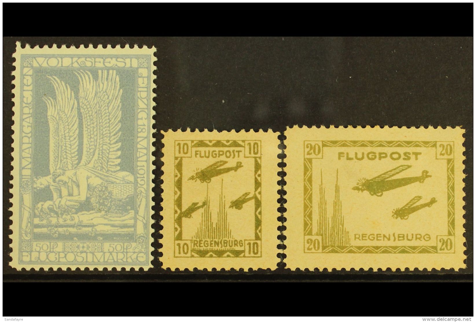 LOCAL SEMI-OFFICIAL AIR POST STAMPS. 1912 Leipzig - Lindenthal Flight (Michel 4a) And 1925 Regensburg Aviation... - Andere & Zonder Classificatie