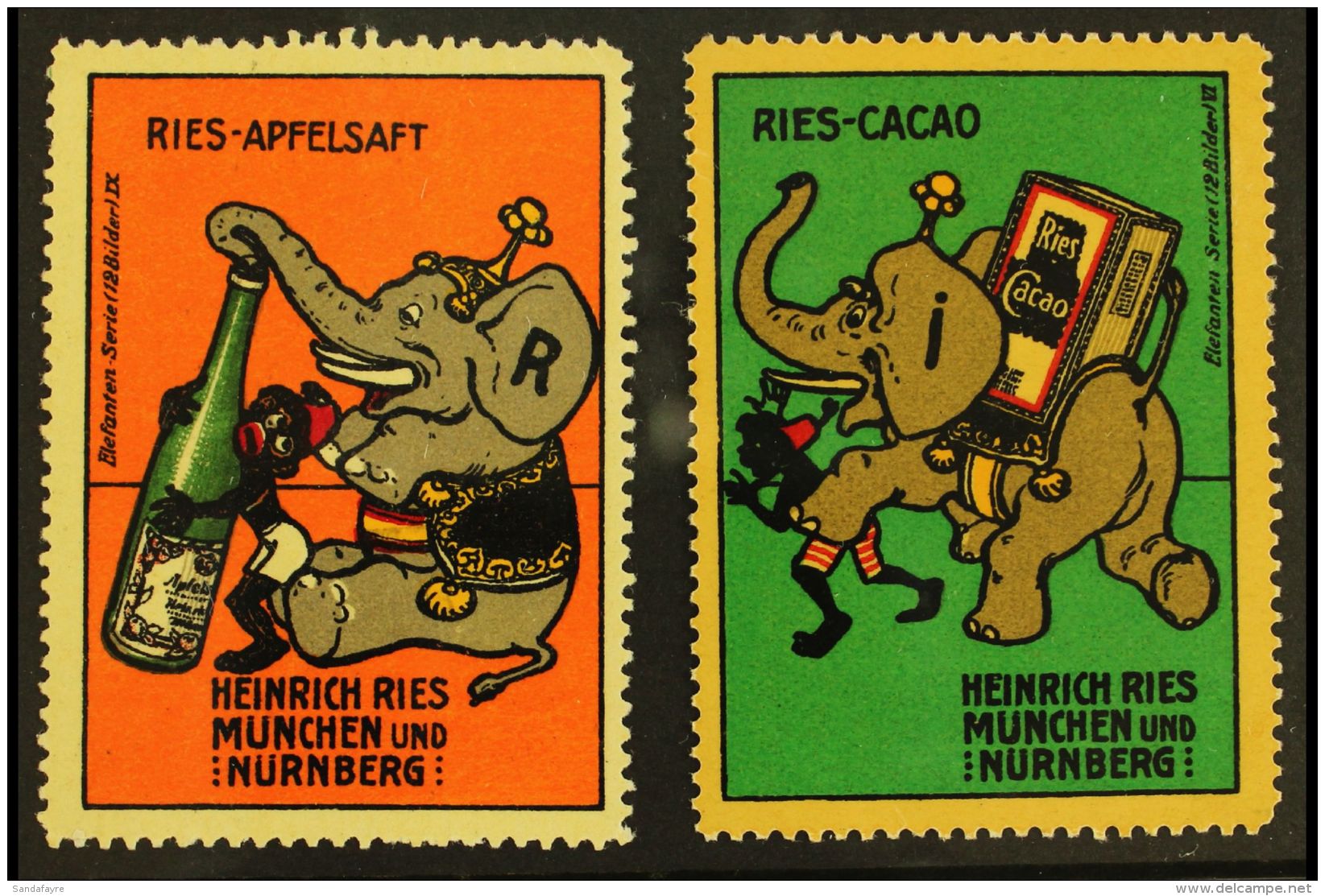 ELEPHANT LABELS Circa 1913 Two Advert Labels Produced By The Firm Of Heinrich Ries, Showing A Cartoon-style... - Andere & Zonder Classificatie