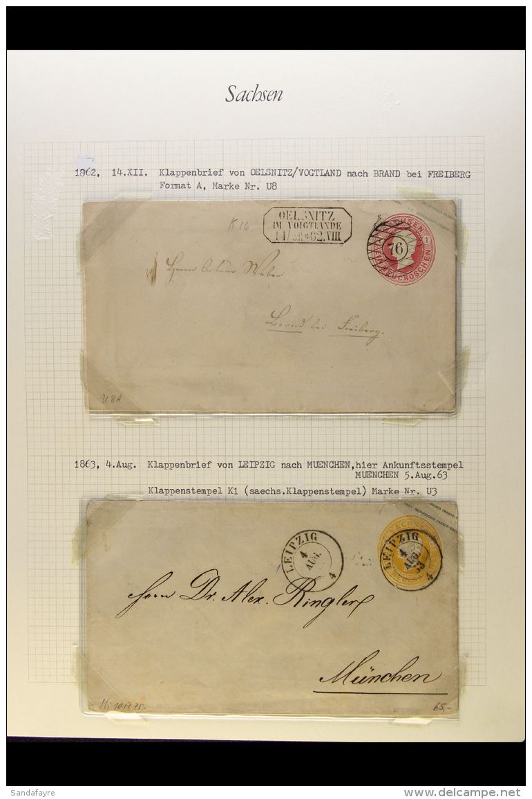 SAXONY POSTAL STATIONERY ENVELOPES 1862-1868 Used Collection On Leaves, Inc 1862 1ngr (x2) &amp; 3ngr King,... - Andere & Zonder Classificatie