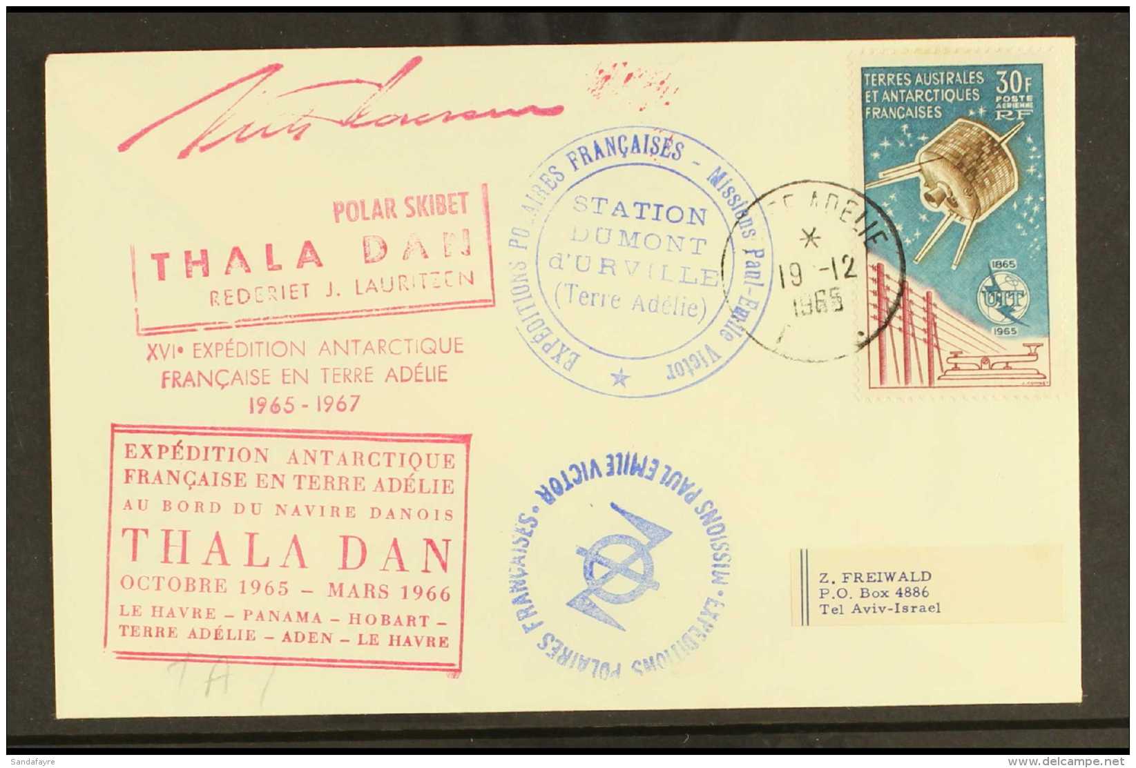 TAAF 1965 (19 Dec) Envelope To Israel Bearing UIT 30f Air Stamp (Maury 9) Tied Neat Terre Adelie Cds, Thala Dan... - Andere & Zonder Classificatie