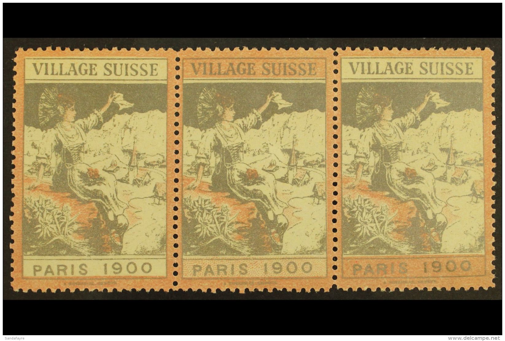 PARIS EXHIBITION LABELS. 1900 'Village Suisse' Horizontal SE-TENANT STRIP Of 3 Labels With Red Or White... - Other & Unclassified