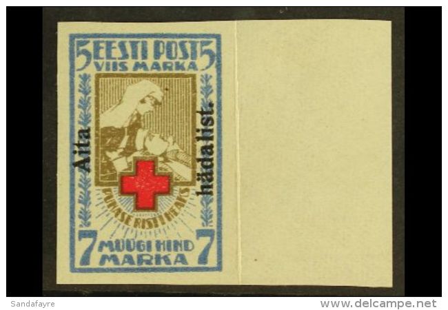 1923 7m+5m "Aita Hadalist," Overprint Imperf (Michel 47B, SG 50A), Never Hinged Mint Marginal Example, Fresh. For... - Estland