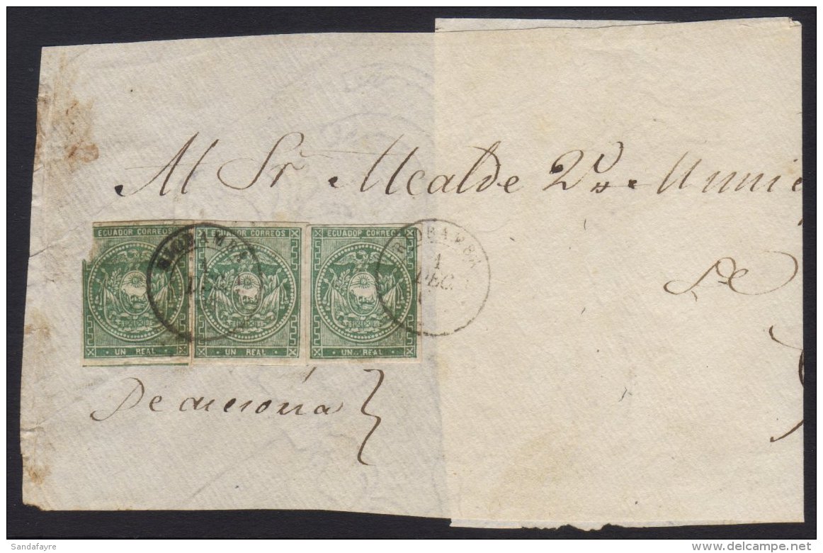1869 (1 Dec) Large Part Cover Bearing Three 1r Green Imperfs (one Damaged) Tied By "Riobamba" Cds Pmks. Scarce.... - Ecuador