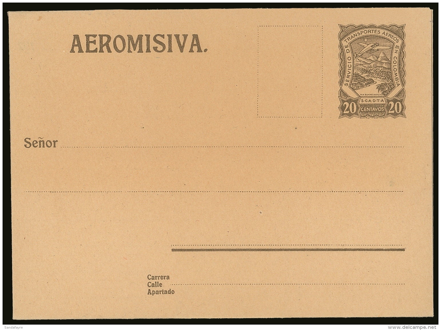 SCADTA 1923 20c Olive Grey On Buff Watermarked Postal Stationery Letter Sheet, H&amp;G 1a, Very Fine Mint, Very... - Colombia
