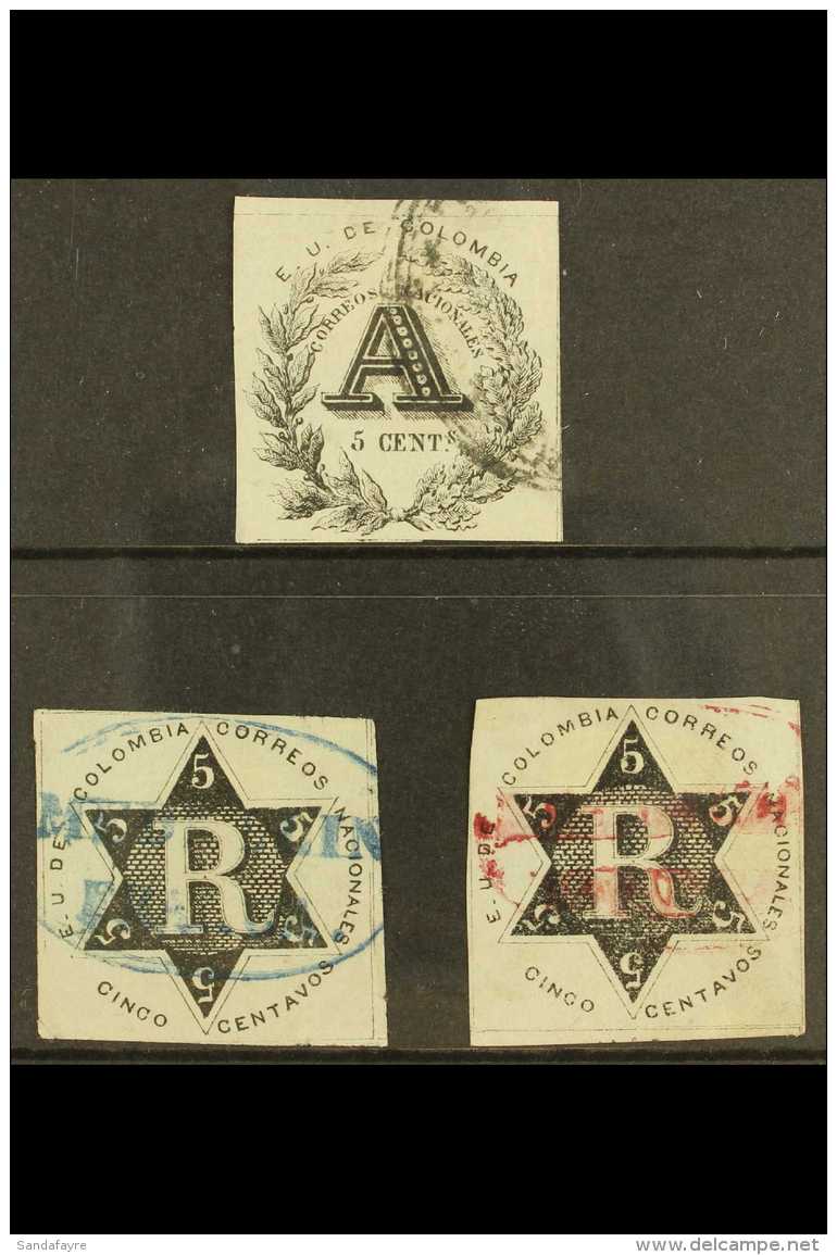 REGISTRATION STAMPS 1865 5c Black "A" Very Fine Used And 5c Black "R" (2) With Blue And Red Cancels. Superb Trio.... - Colombia