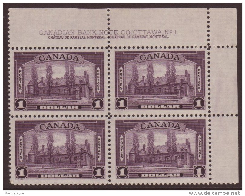 1937-38 $1 Violet, SG 367, A Fine Mint PLATE No. 1 Top Right Corner Block Of Four, One Stamp With Tiny Gum Thin,... - Andere & Zonder Classificatie