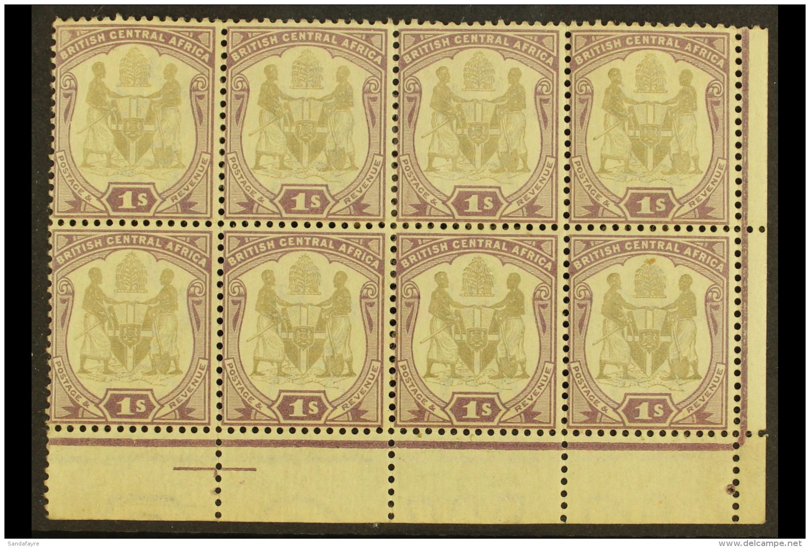 1897-1900 1s Black &amp; Purple, SG 47, Lower Right Corner Block Of 8, Lightly Toned Nhm (8 Stamps) For More... - Nyassaland (1907-1953)