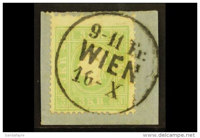 1858-59 3k Green Type II (Michel 12 II, SG 24), Fine Used On Piece Tied By Complete "Wien" Cds Cancel, Very Fresh,... - Andere & Zonder Classificatie