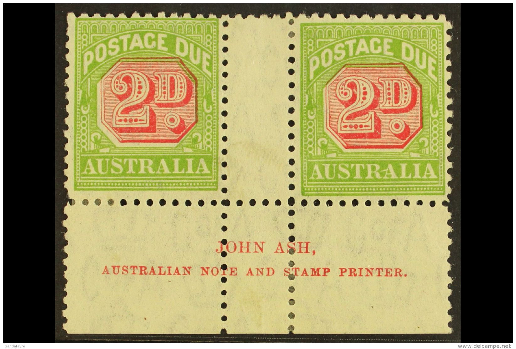 POSTAGE DUE 1931-36 2d Carmine And Yellow-green, Perf 11, SG D107, JOHN ASH Imprint Gutter Pair, Fine Mint. (2... - Andere & Zonder Classificatie