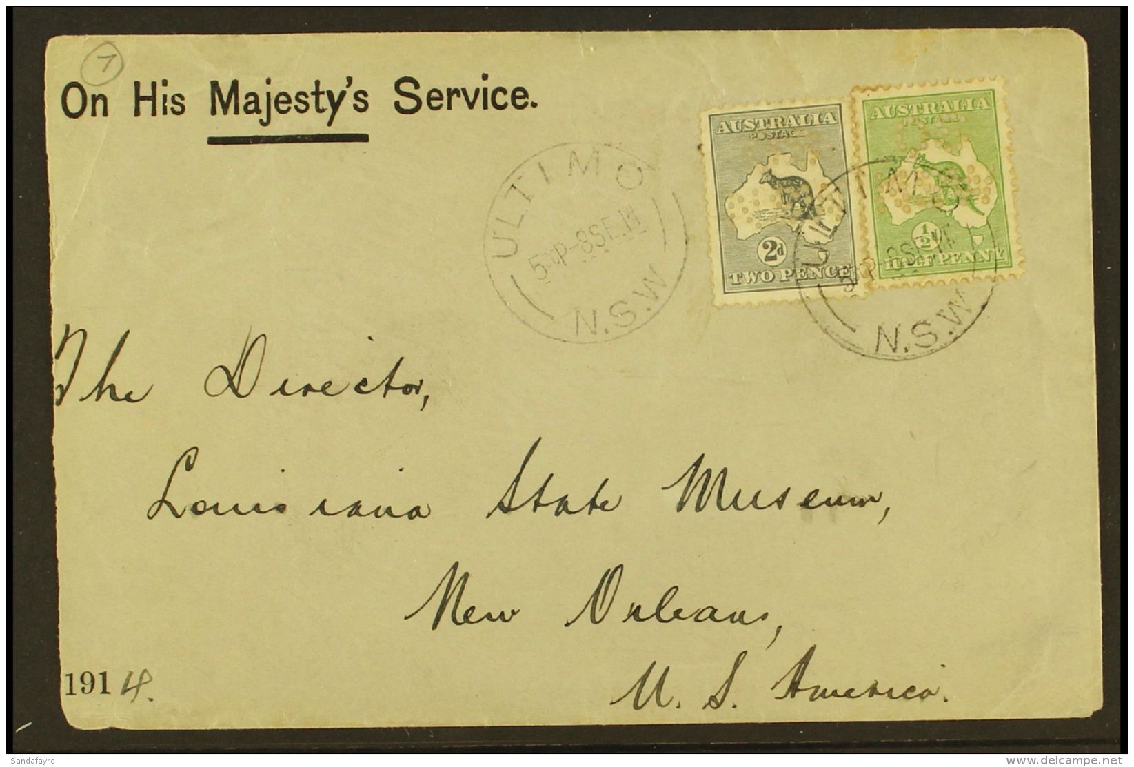 OFFICIALS ON COVER 1914 "OHMS" Cover To USA, Franked With &frac12;d &amp; 2d Roos Punctured "OS / NSW," Tied By... - Andere & Zonder Classificatie
