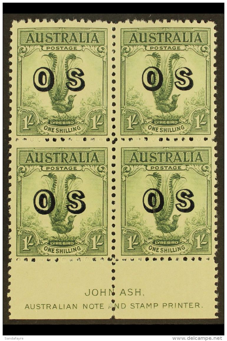 OFFICIAL 1932 1s Green, Lyrebird, "O S" Overprint In JOHN ASH Imprint Block Of 4, SG O136, Fine Mint, Hinged On... - Andere & Zonder Classificatie