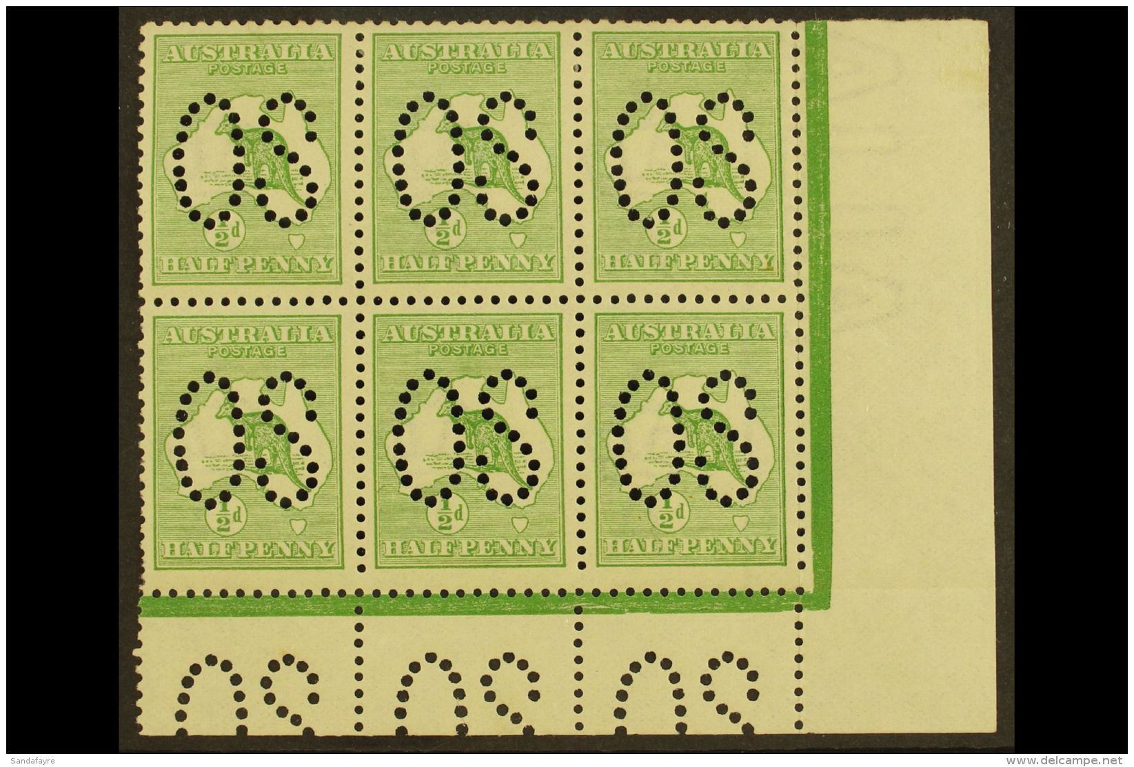 OFFICIAL 1913 &frac12;d Green, Punctured "O S" (large Letters, SG Type O1), Corner Marginal Block Of 6, SG O1,... - Other & Unclassified