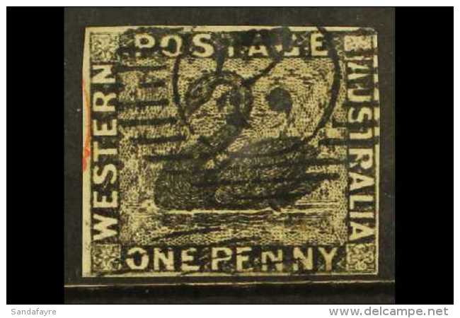 WESTERN 1854 1d Black "Swan" Imperf, SG 1, Very Fine Used With Clear Margins All Round And Light Barred "2"... - Andere & Zonder Classificatie