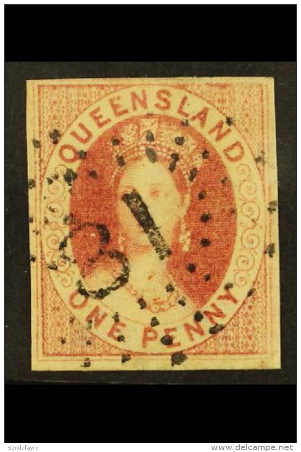 QUEENSLAND 1860 1d Carmine- Rose Imperf, SG 1, Very Fine Used With 3 Large Margins And Just Brushing The Outer... - Andere & Zonder Classificatie