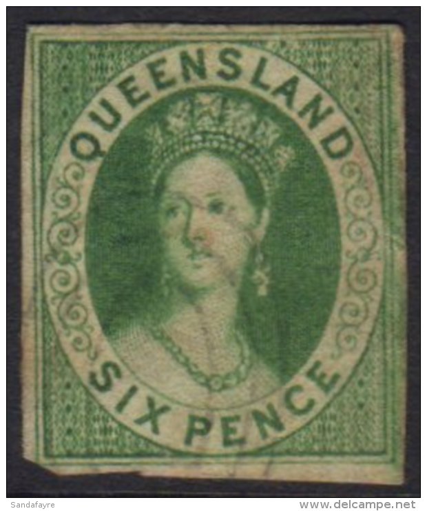 QUEENSLAND 1860 6d Green Imperf, SG 3, Fine Used With 4 Margins Just Into Outer Frame At 1 Corner, Some Light... - Andere & Zonder Classificatie