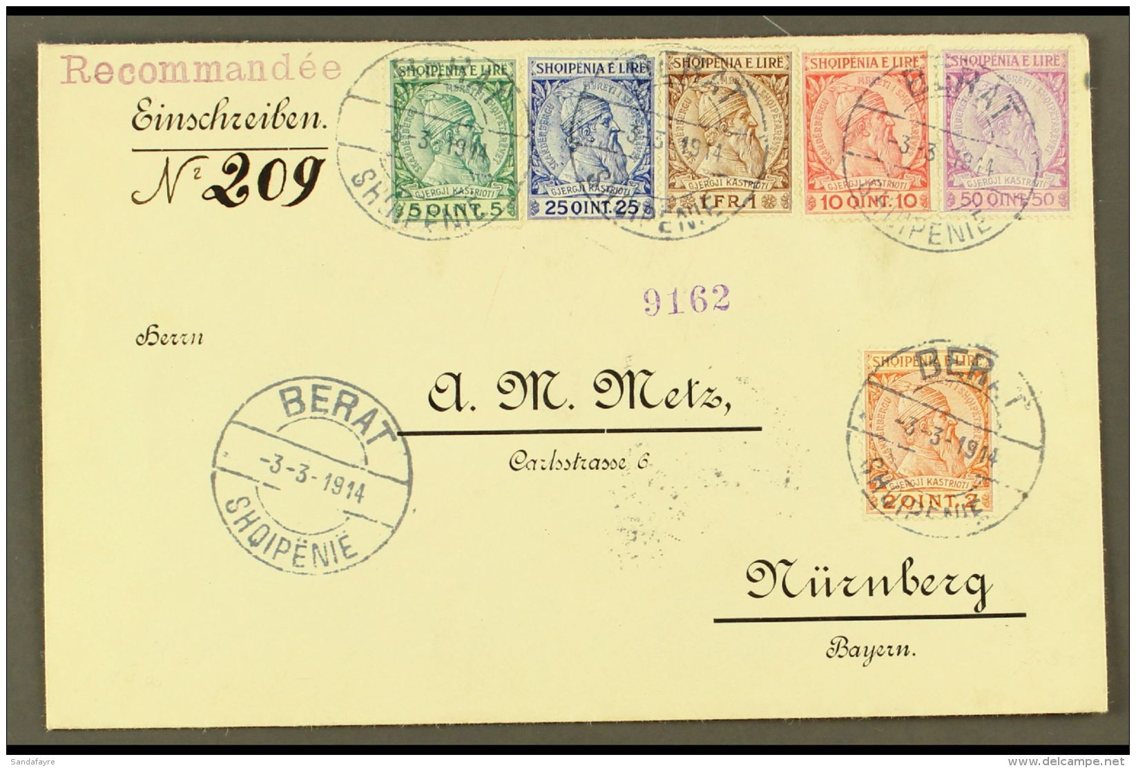 1914 (3 March) Registered Cover Addressed To Bavaria, Bearing 1913 Skanderbeg Set (Michel 29/34, SG 27/32) Tied By... - Albania