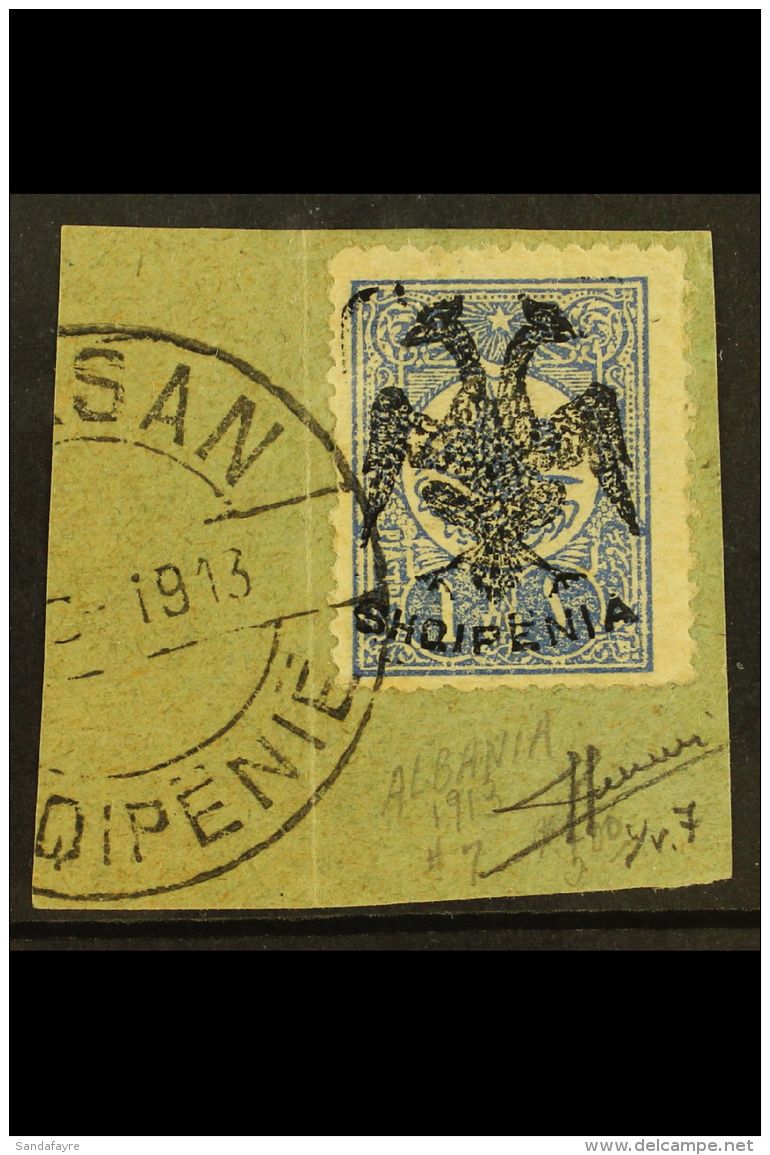 1913 1pi Ultramarine 'Double Eagle' Overprint (Michel 7, SG 7), Very Fine Used On Piece Tied By "Elbasan" Cds... - Albanië