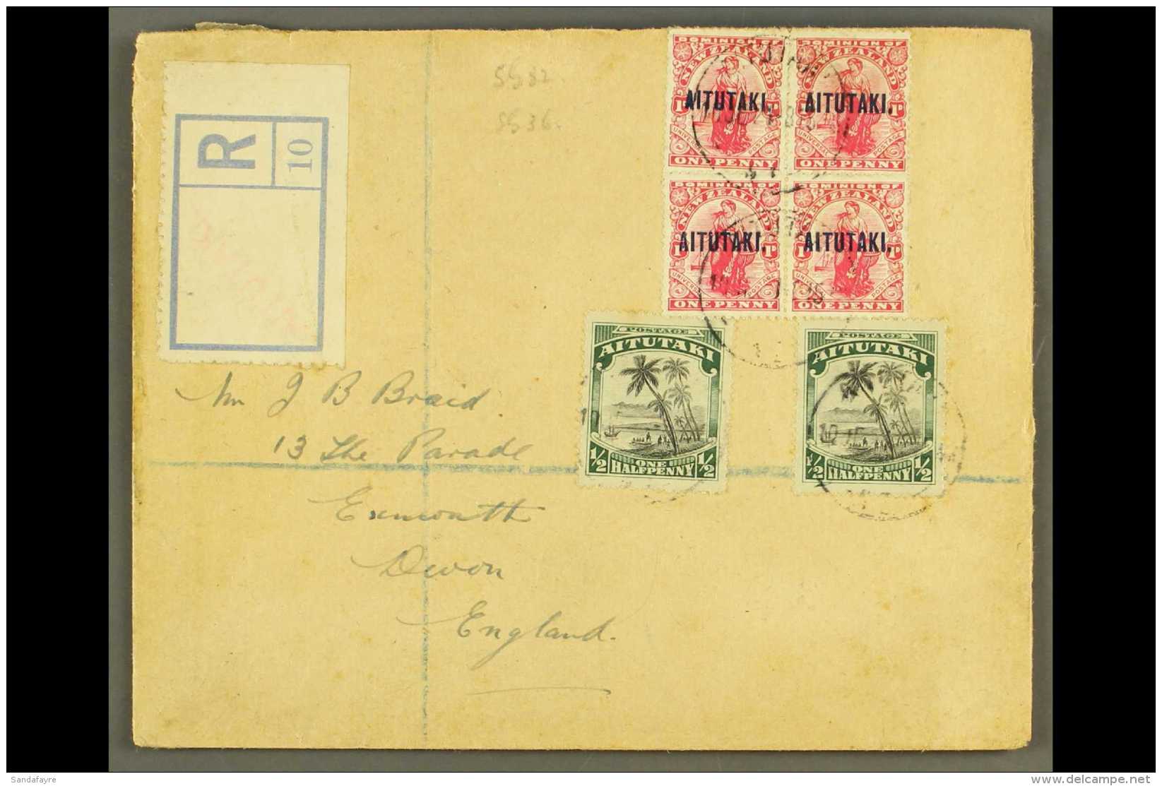 1921 (10 June) Env Registered To England Bearing 4d Carmine Block Of 4 And Two &frac12;d Black And Greens (making... - Aitutaki