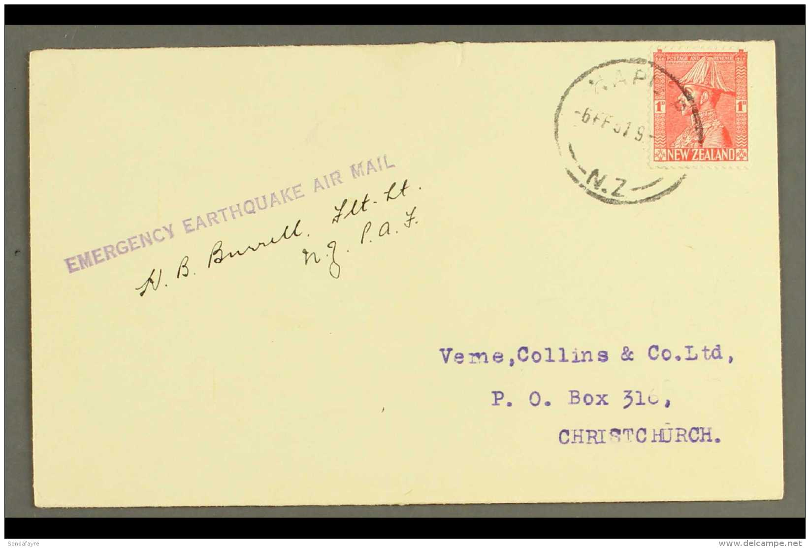 DISASTER COVERS 1931 (6 Feb) Cover Addressed To Christchurch, Bearing 1d Stamp Tied By "Napier" Cds Cancel And... - Zonder Classificatie