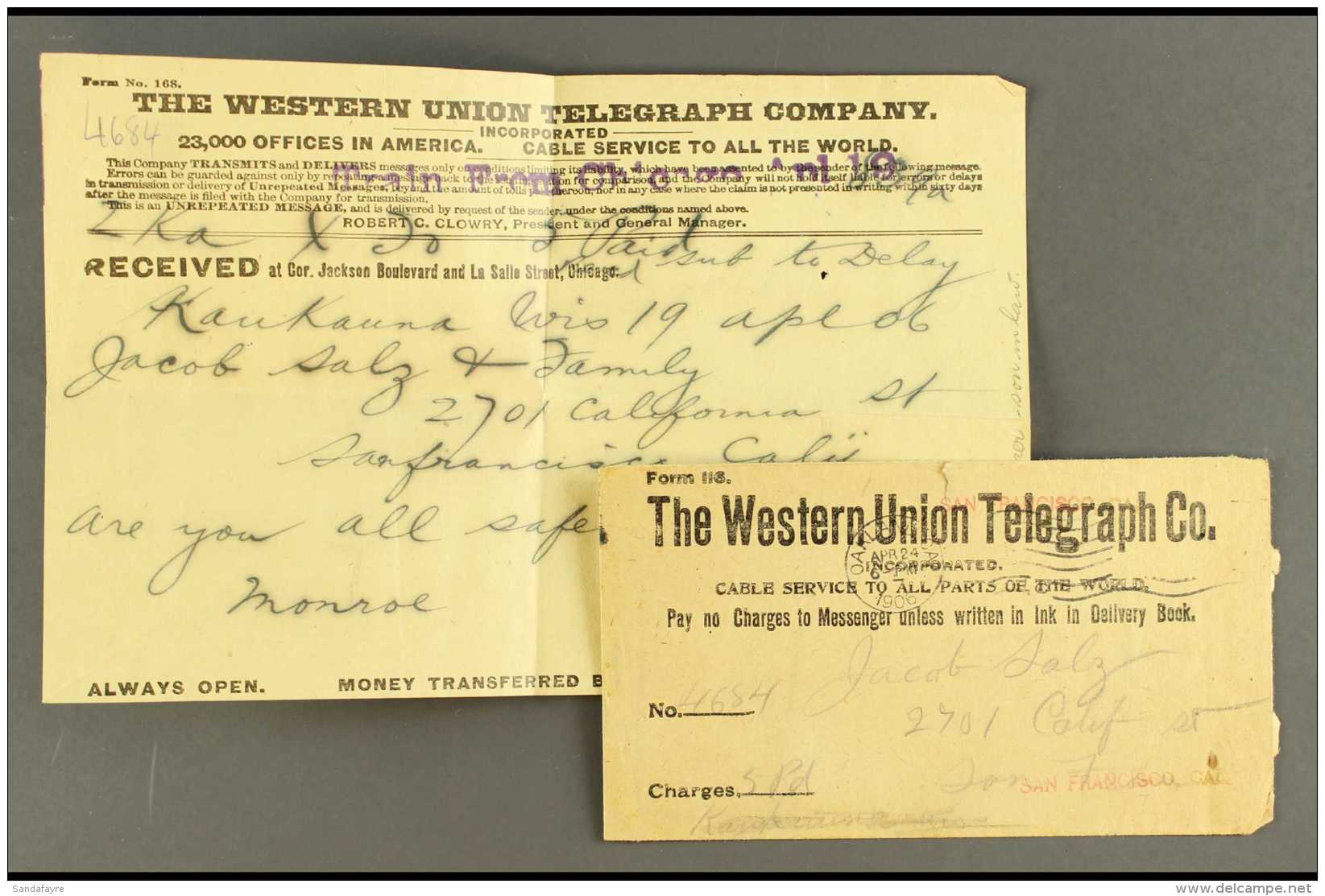 1906 SAN FRANCISCO EARTHQUAKE (24 Apr) Printed 'The Western Union Telegraph Co." Envelope With "Oakland Cal. Apr... - Other & Unclassified