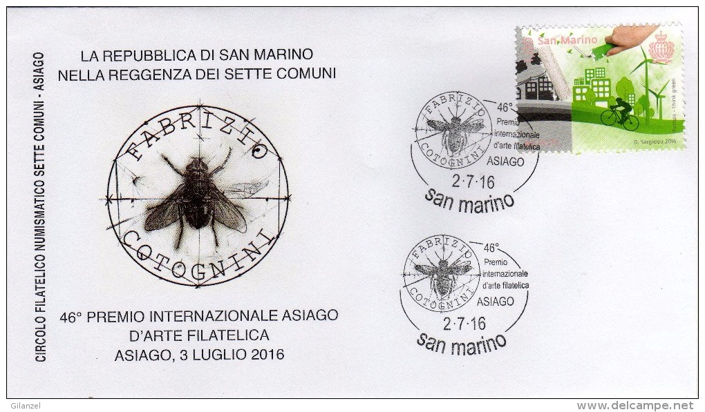 San Marino 2016 Asiago Premio Int. Arte Filatelica Annullo Busta Insetti Ape Bee Opera Di Fabrizio Cotognini - Abeilles