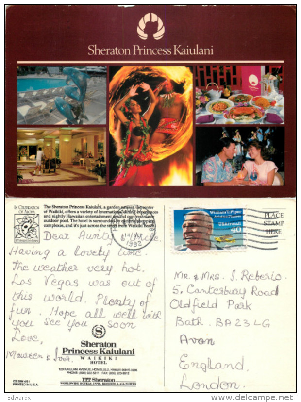 Sheraton Princess Kaiulani Hotel, Oahu, Hawaii, United States US Postcard Posted 1992 Stamp - Oahu