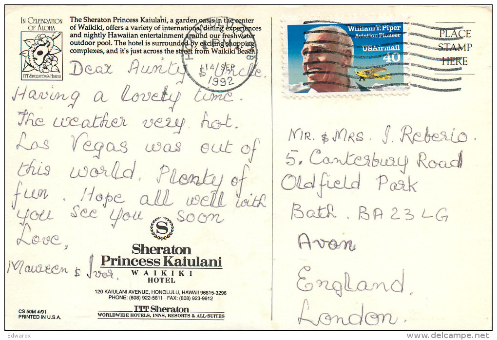 Sheraton Princess Kaiulani Hotel, Oahu, Hawaii, United States US Postcard Posted 1992 Stamp - Oahu