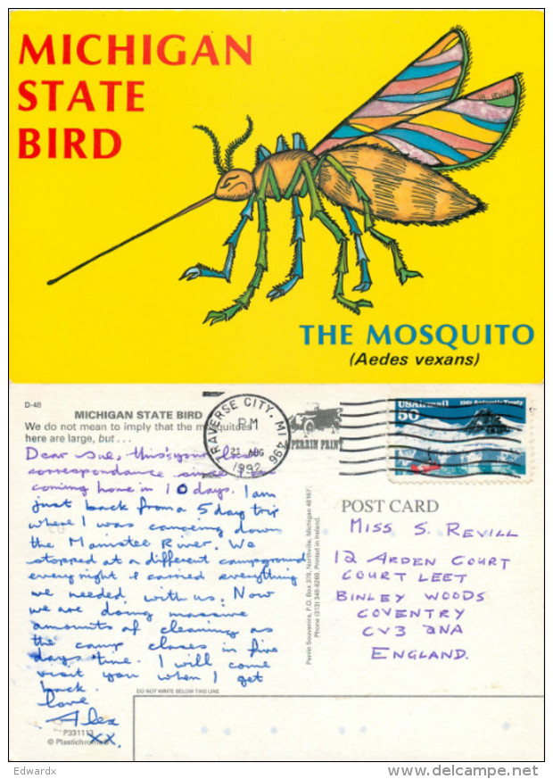 Michigan State Bird, The Mosquito, Michigan, United States US Postcard Posted 1992 Stamp - Altri & Non Classificati