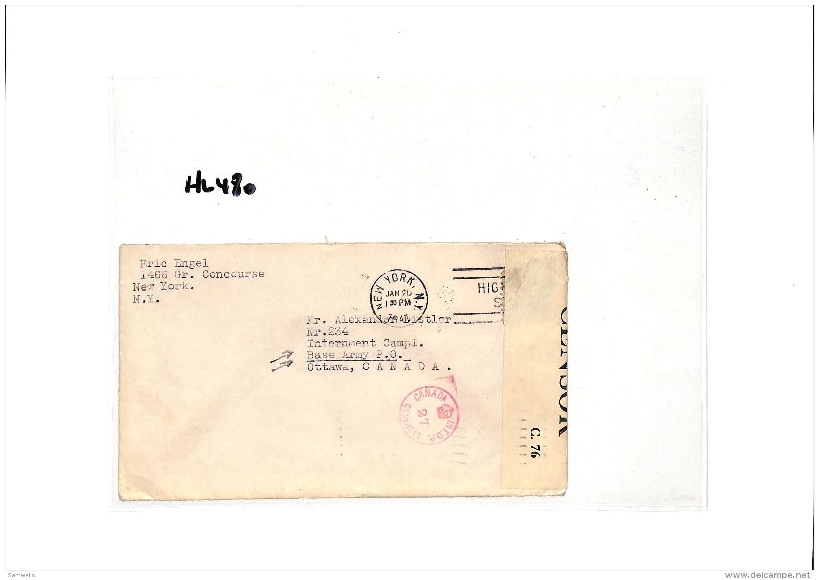 HL480 1941 USA New York Ottawa Canada Examined By Censor Cover - Enveloppes évenementielles